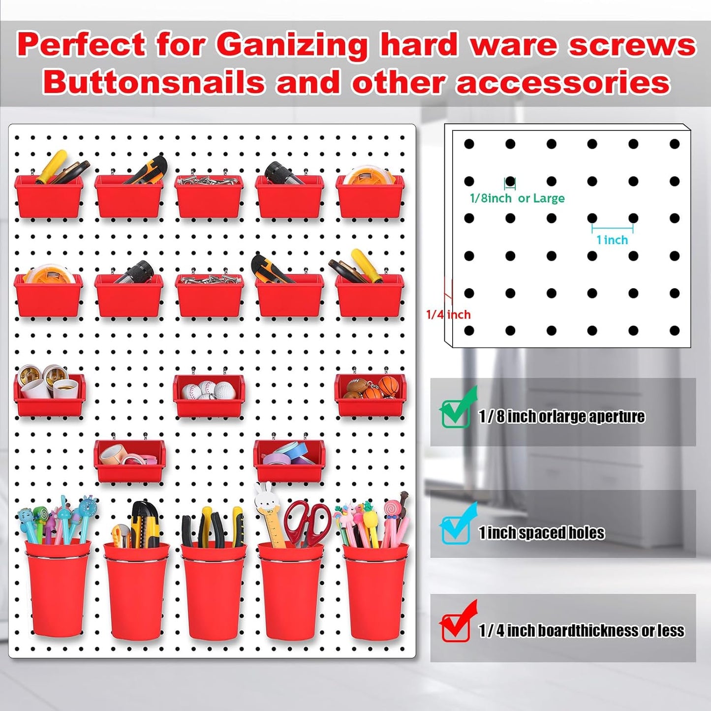 Yookeer 20 Pcs Pegboard Bins and Cups with Hooks and Loops Peg Assortment Organizer Accessories Various Tool Organizer Pegboard Baskets Set for Garage Workshop Workbench Office(Red)