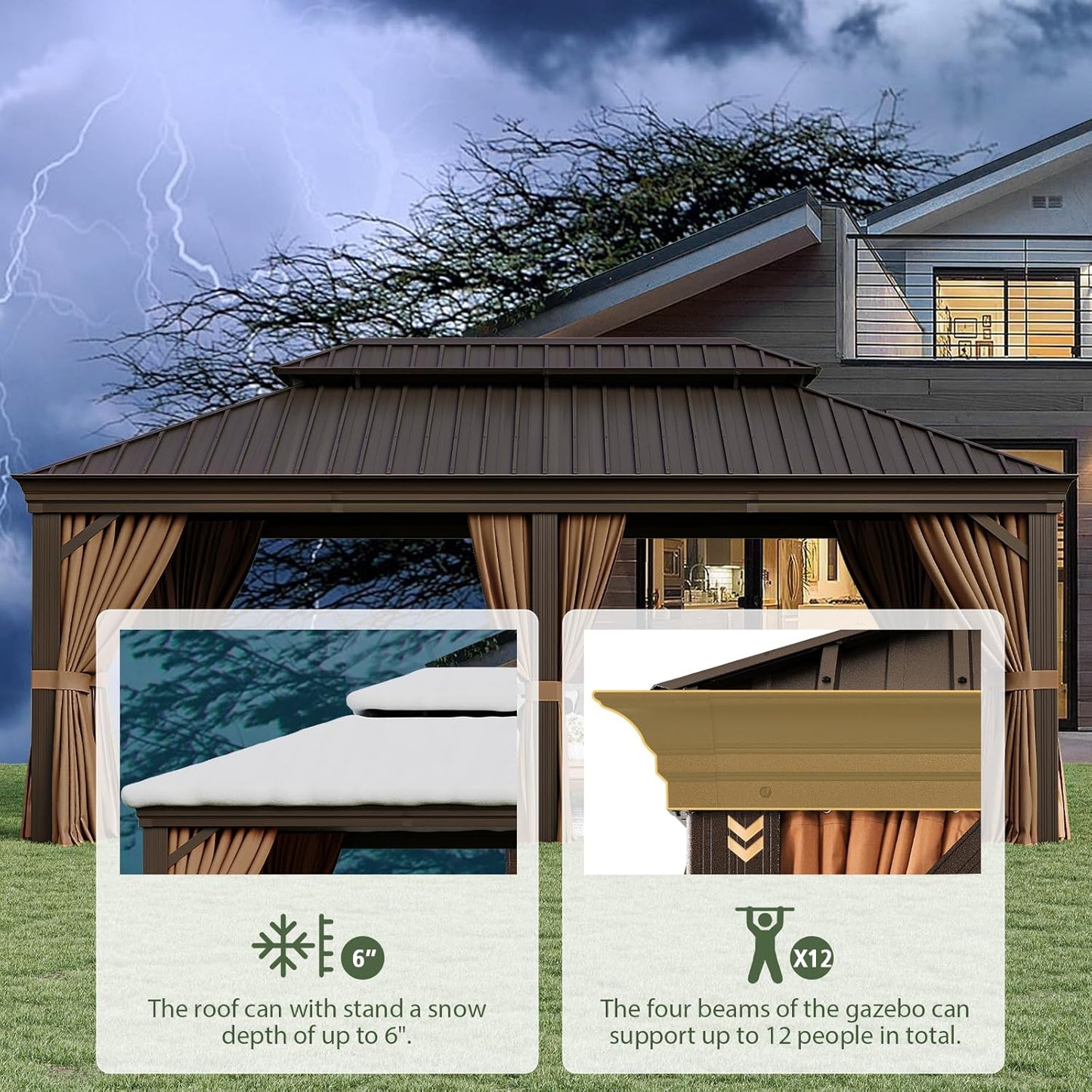 Aoxun 12' X 20' Permanent Hardtop Gazebo Aluminum Gazebo with Galvanized Steel Double Roof for Patio Lawn and Garden, Curtains and Netting Included, Brown