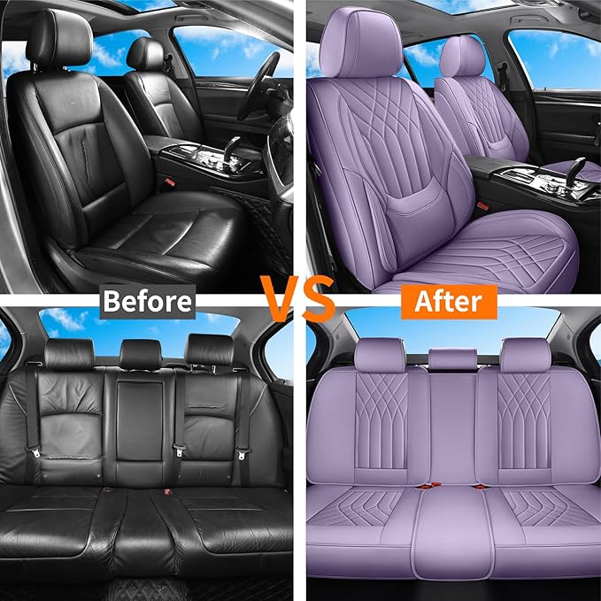 Purple Car Seat Covers Full Set, Luxury Leather Purple Seat Covers for Women, Full Coverage Waterproof Anti-Slip Car Seats Universal Fit for Most 5-Seater Cars SUVs