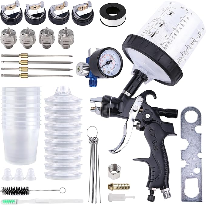 HVLP Spray Gun with 10Pcs 600ML Disposable Paint Cups, 4 Nozzles,1.4/1.7/2.0/2.5mm, Automotive Gravity Feed Paint Spray Gun Kit with Air Compressor Regulator for Auto (Black)