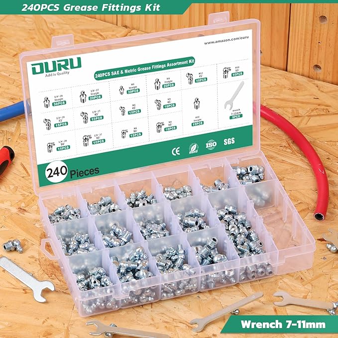 Grease Fittings Assortment, 240PCS SAE & Metric Zerk Grease Fittings NPT 1/4" 1/8" M6 M8 M10, Straight 45 90 Degree Grease Nipple with Wrench Kit(7-11mm) for Grease Gun