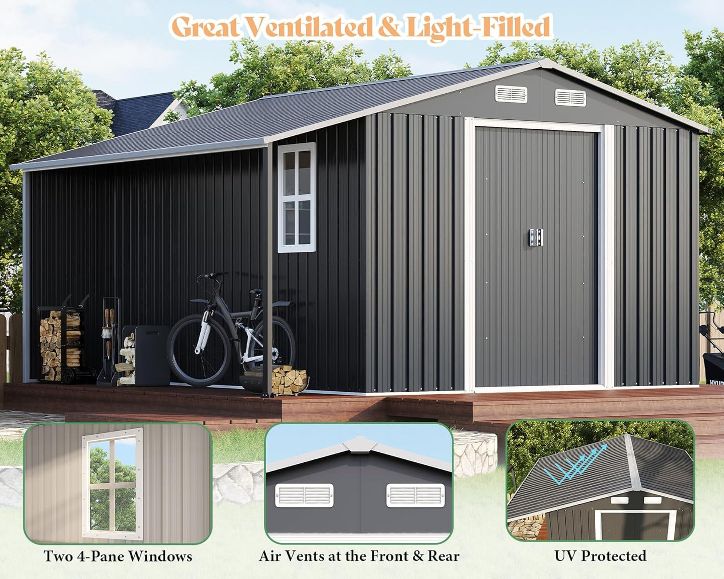 AMERLIFE 10.6x10.3x6.3 FT Galvanized Metal Storage Shed with Open Firewood Bay, Sliding Doors & Ramp, 2 Windows & Vents, Weather-Resistant Outdoor Tool/Garden Shed, Dark Grey/White