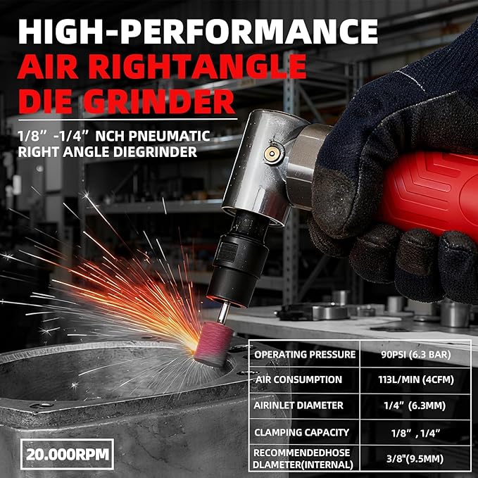 1/4-Inch Air Right Angle Die Grinder, Pneumatic Die Grinder Tool with 1/4" & 1/8" Collets, Heavy Duty Air Grinder for Grinding, Cutting, Polishing, Deburring, Welding Repair - Air Tools DIY