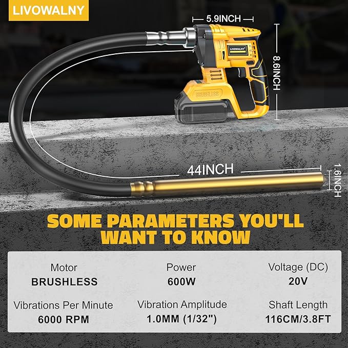 LIVOWALNY Handheld Concrete Vibrating Tool Compatible with Dewalt 20V Battery (No Battery), 600W Cordless Electric Concrete Vibrator with 3.8ft Shaft Rod,6000RPM Portable Vibrarator Remove Air Bubble