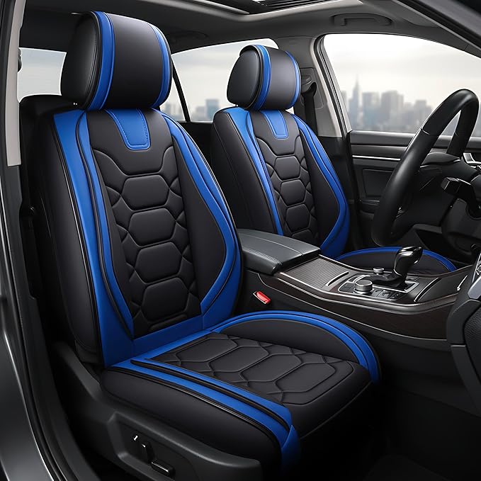 OASIS AUTO Car Seat Covers Front Seats, Waterproof Faux Leather Seat Covers for Cars Universal Fit for SUV, Truck, Sedan, Black Premium Car Seat Protector with Cushions (OS-004 Black&Blue)