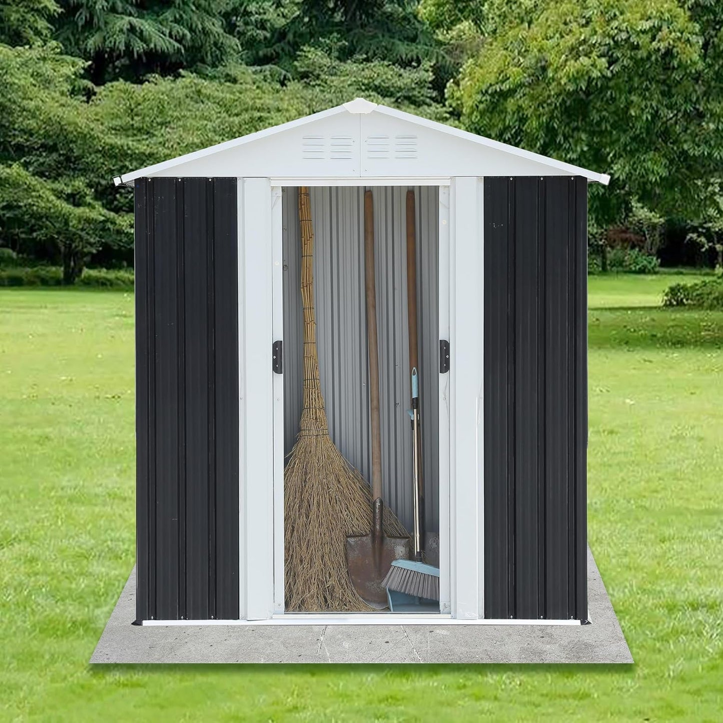 5x3 FT Outdoor Storage Shed, Metal Garden Shed with Lockable Sliding Doors, Small Outside Tool Shed with Sloped Roof & 4 Air Vents, Waterproof Storage Building for Backyard, Patio, Lawn, Gray