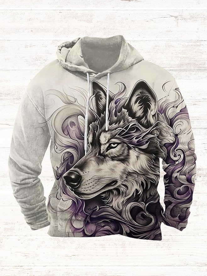 Mens Animal Print Graphic Hoodies Casual Long Sleeve Japanese Art Style Hooded Sweatshirt Lightweight Pullover Tops