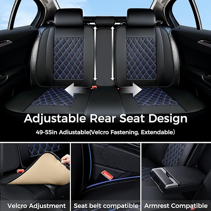 Huidasource Car Seat Covers, Truck Seat Covers 5 Seats Side Open Design Airbag Pops Out, Full-Cover Leather Seat Covers Waterproof, Universal Fit for Most Cars,Vans,Trucks,SUVs (Full Set/Black&Blue)