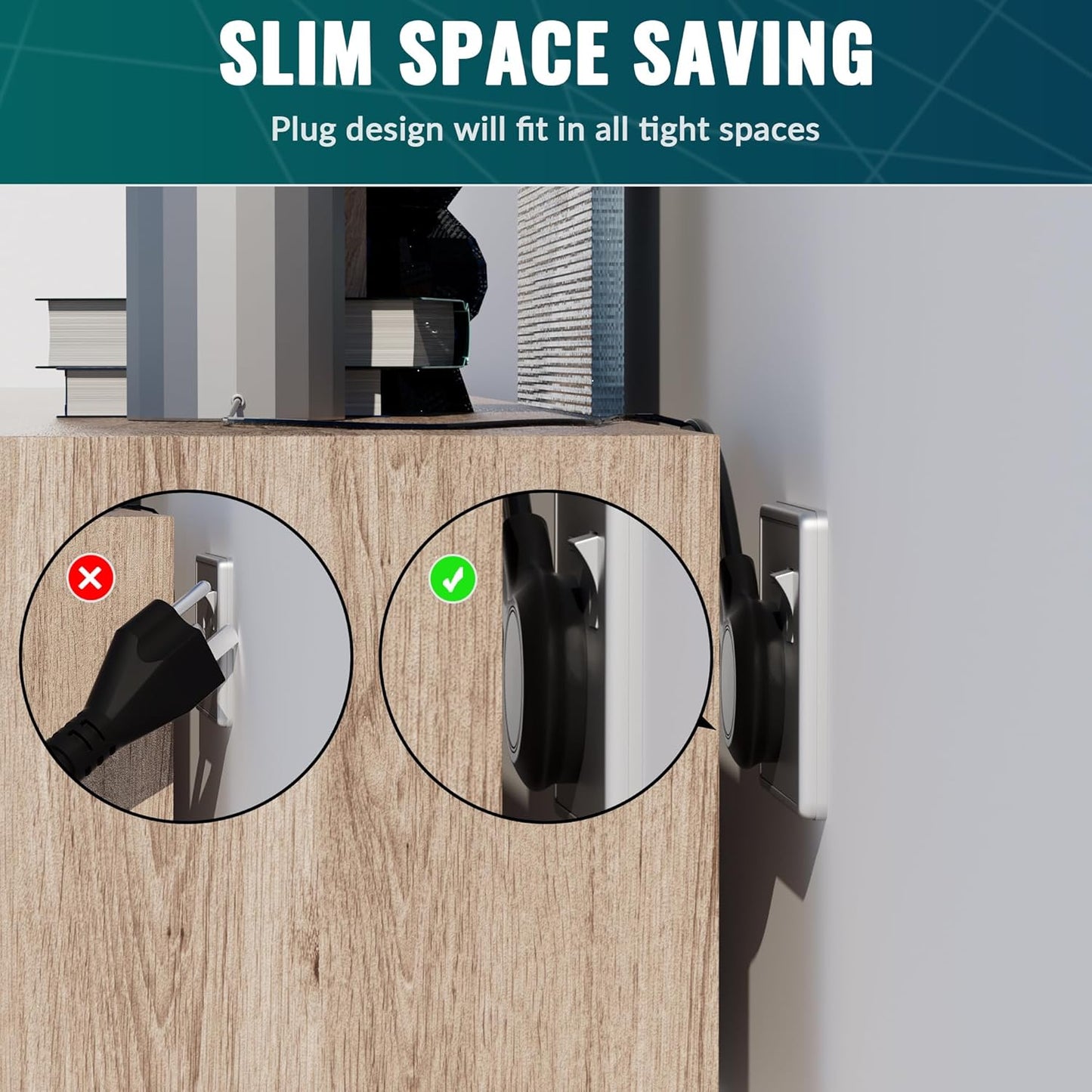 Elecan Flat Plug Extension Cord 12 Ft with Slim Space-Saving Plug Design, Thin Flat Cable Low Profile Power Cord 3 Prong Grounded Wire, 16 Gauge 13 A/125 V-Black-ETL Certified