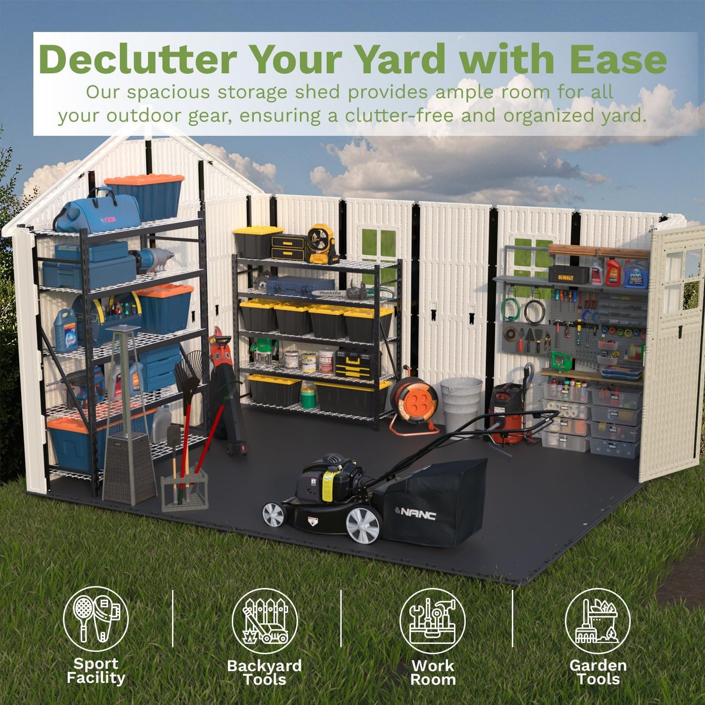 Patiowell 10x12 FT Outdoor Storage Shed with Floor and Lockable Door, All Weather Plastic Shed Garden Shed with Skylight and Multiple Windows for Backyard, Patio, Lawn, Beige