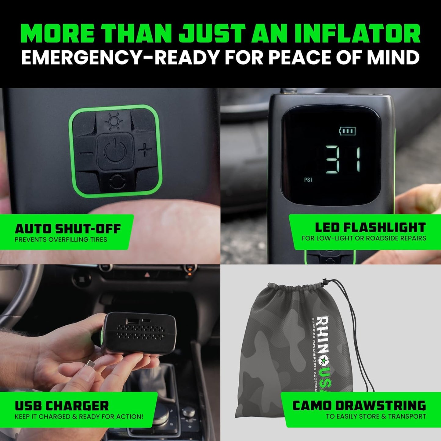 Rhino USA Tire Inflator Portable Air Compressor (150 PSI) Upgraded Air Pump for Car Tires with Digital Pressure Gauge - Best Mini Air Pump for Bike Tires with Dual LCD Screen (Black & Green)