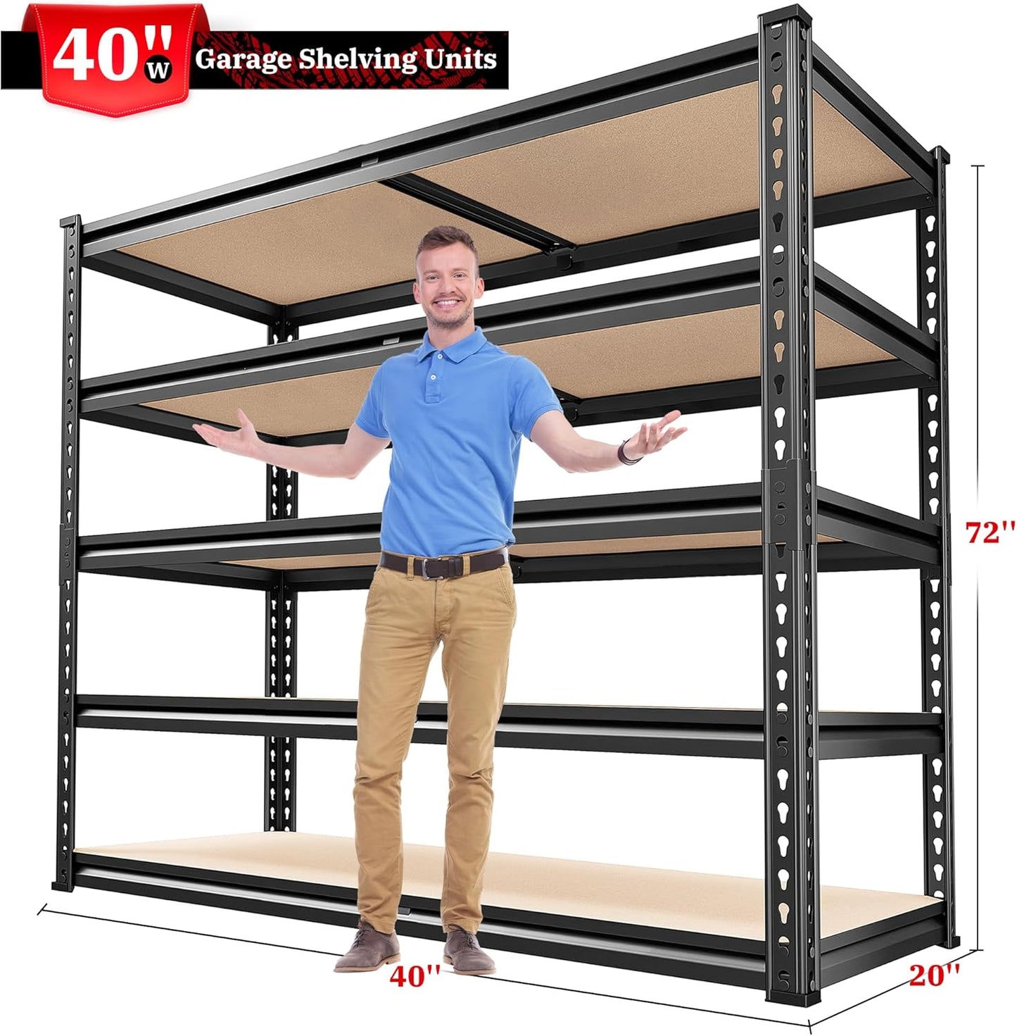 REIBII 2500LBS Garage Shelving 72''H Storage Shelves 40" W Metal Shelving 5 Tier Metal Shelves Adjustable Pantry Shelf for Closet Pantry Basement Kitchen Warehouse 72" H x 40" W x 20" D