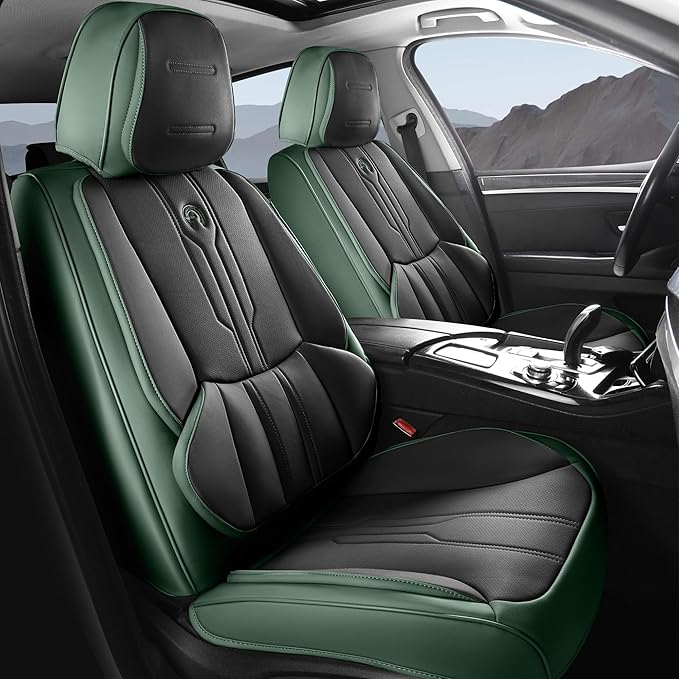 Car Seat Covers Custom Fit for Ford F150 2009-2026,Faux Leather Seat Cover Set for 2017-2026 F250 F350 F450, Accomodating Regular Cab Super Cab Super Crew Pickup Truck Cushions(BlackGreen,Full Set)