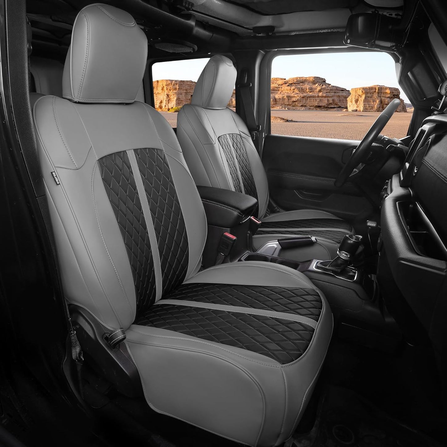 for Jeep Wrangler Seat Covers 4Door JL 2018 2019 2020 2021 2022 2023 2024 2025, Custom Fit Car Seat Cover Full Set, Luxury Waterproof Leather Seat Protectors, Gray Black, W/O Rear Cup Holder