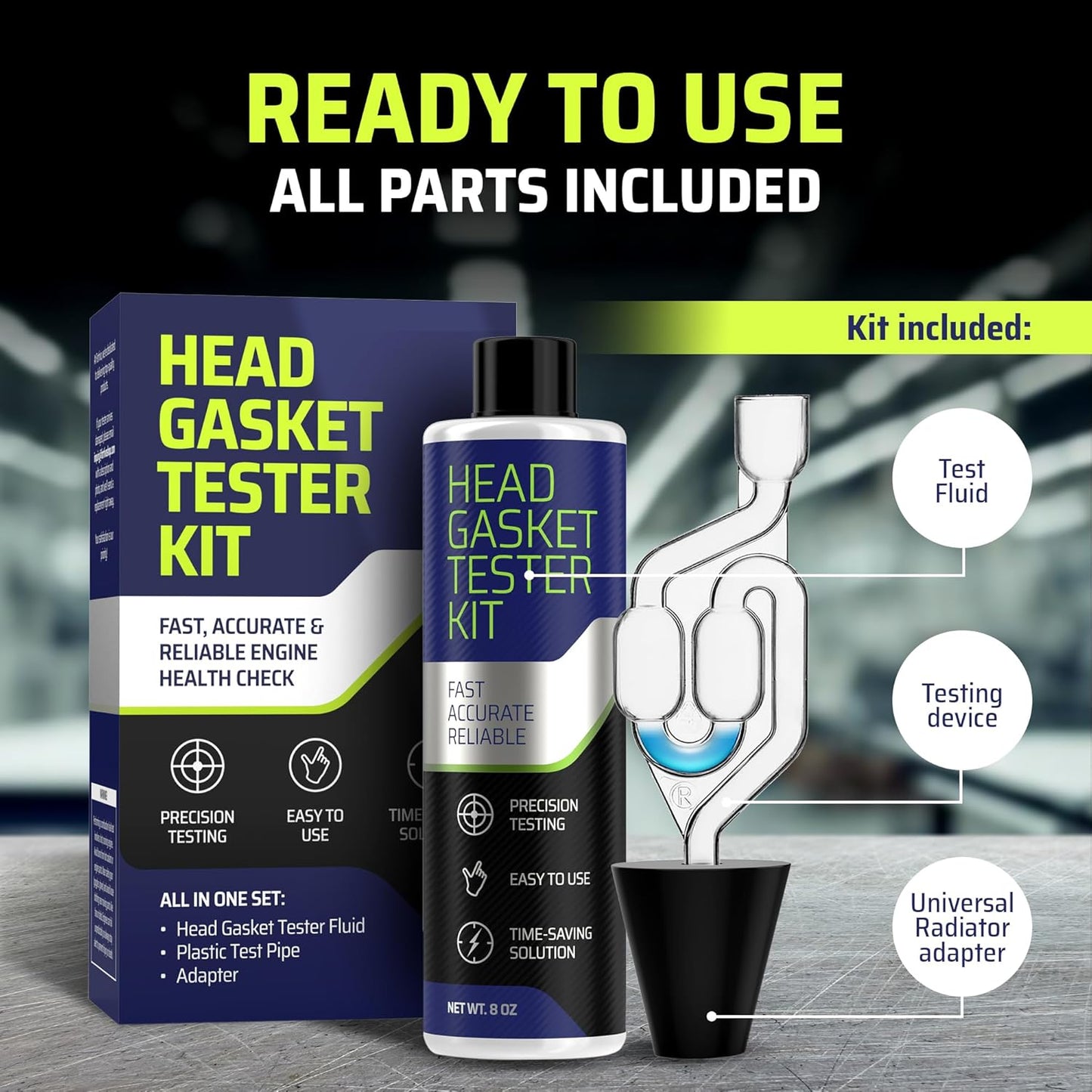 Head Gasket Tester Kit – Over 100 Tests, Complete Combustion Leak Test System with Universal Radiator Adapter, Works on Cars, Trucks, SUVs and Leak Detection Fluid 8oz