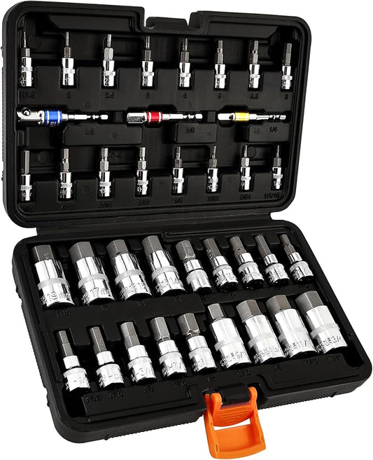 VANQUISH 37-Piece Hex Bit Socket Set，3/8, 1/4, 1/2 Inch Drive Sae and Metric Allen Socket Set，Premium Heat Treated Chrome Vanadium Steel & S2 Alloy Steel 8997