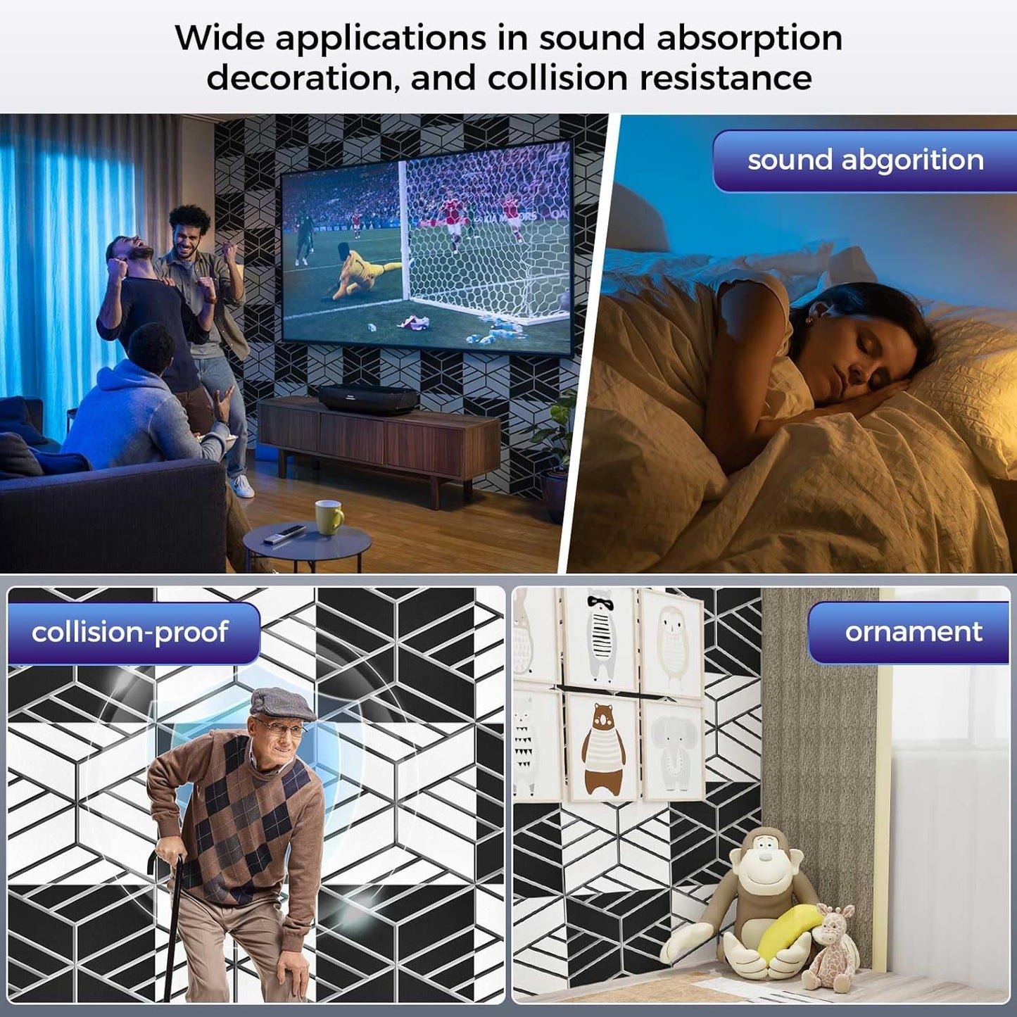 8 Pack 2-Layer Soundproof Wall Panels, 12 x 12 x 0.43 in Sound Proof Foam Panels for Walls, 1.1lb/ft³ High Density, Thicker 0.43 in, 3D Acoustic Panels,Artistic Noise Dampening Panels Black&White