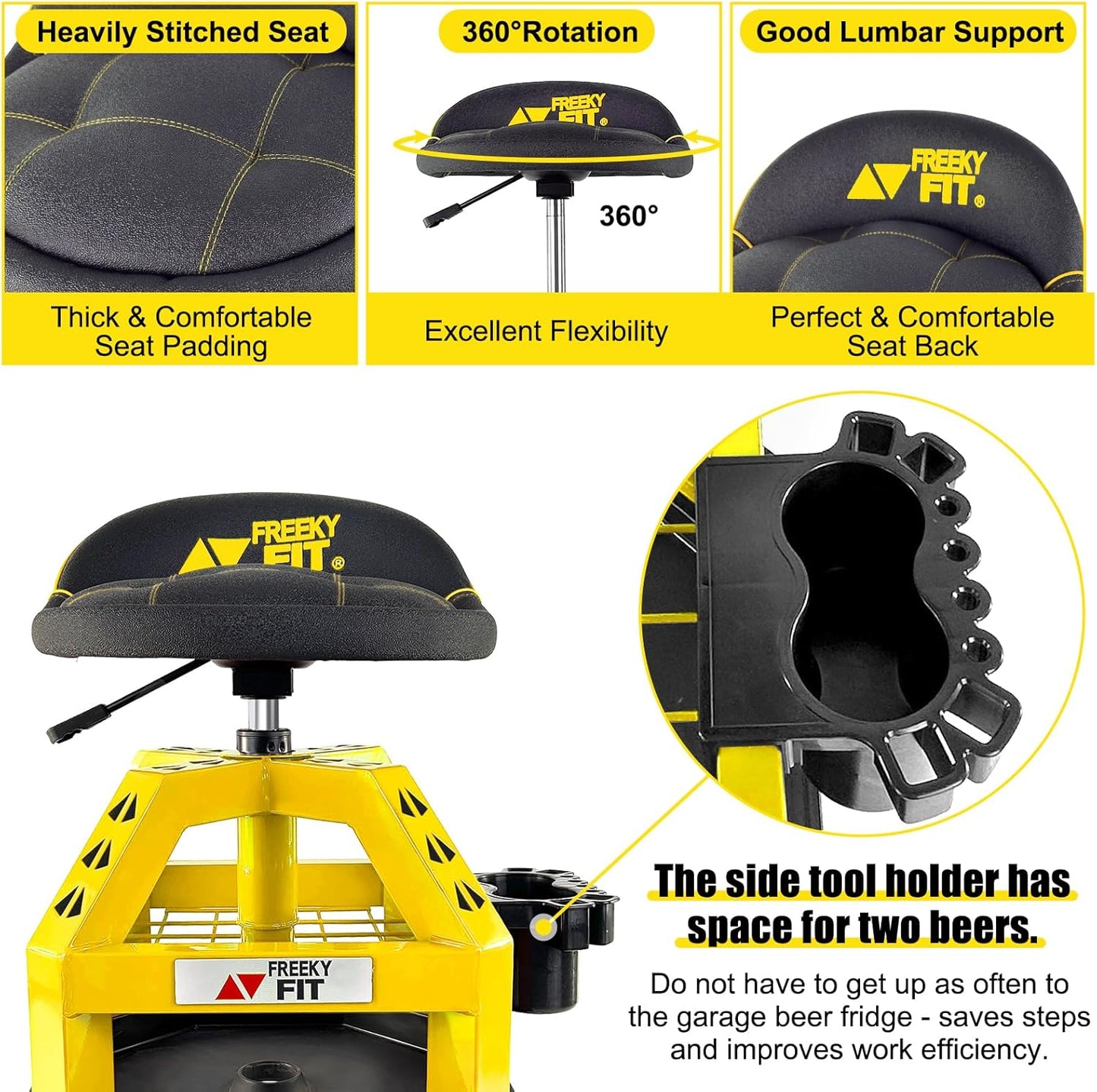 Rolling Shop Stool for Garage with Casters, DO02-Adjustable Height 360° Swivel Shop Seat with Tool Tray Storage, 330 LBS Capacity Padded Mechanic Stool, Yellow