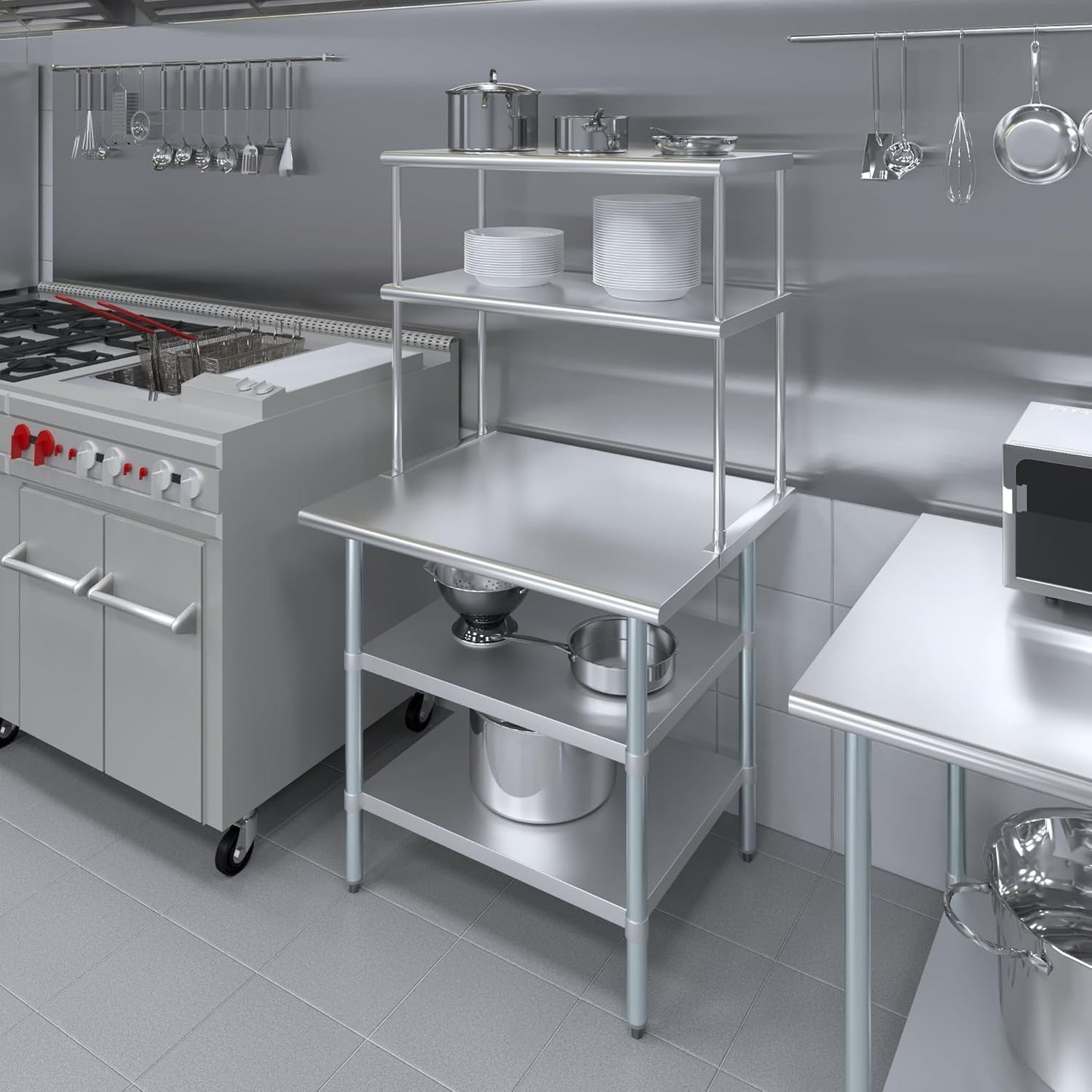 Amgood Stainless Steel Work Table with 2 Shelves | Metal Kitchen Prep Table & Shelving Combo (30" x 36" Table with 2 Shelves + 18" Overshelf)