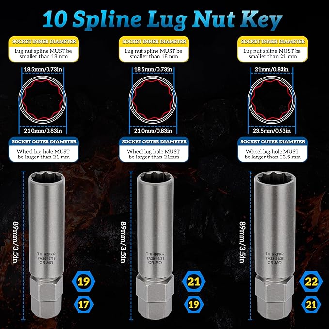 10 Spline Lug Nut Socket,Compatible with Bimecc 10 Point Socket.Dual Drive 10 Spline Lug Nut Key,Replacement for Ta20 17/19,TA20-19/21 TA23-21/22 Wheel Lock Nuts