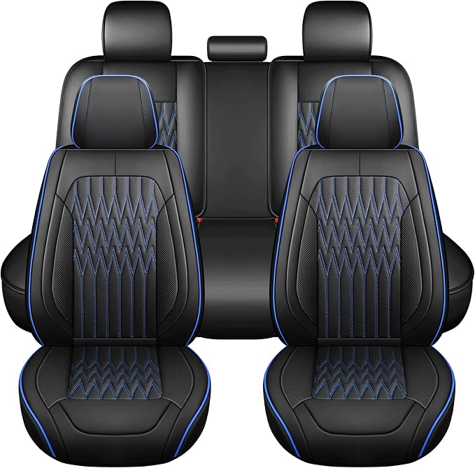Huidasource Car Seat Covers, Waterproof Leather Vehicle Cushion Covers, Universal Fit for Most Sedan SUV Pickup Truck, Fit for Jeep Acura Honda Civic Nissan Mazda Dodge Buick (Full Set/Black&Blue)