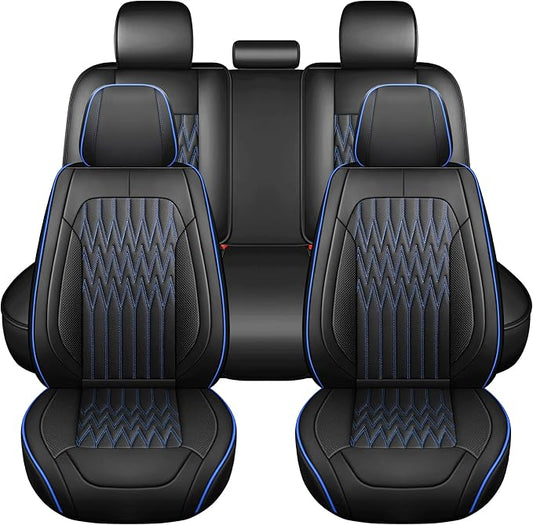 Huidasource Car Seat Covers, Waterproof Leather Vehicle Cushion Covers, Universal Fit for Most Sedan SUV Pickup Truck, Fit for Jeep Acura Honda Civic Nissan Mazda Dodge Buick (Full Set/Black&Blue)
