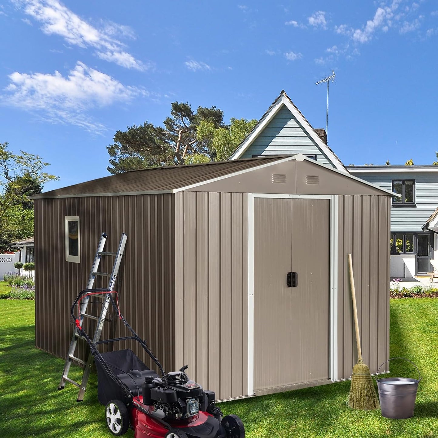 8x10 FT Outdoor Storage Shed, Metal Garden Shed with Frame Floor, Outside Tool Shed with Window, Waterproof Storage Building with Lockable Sliding Doors & Sloped Roof for Backyard, Patio, Warm Gray