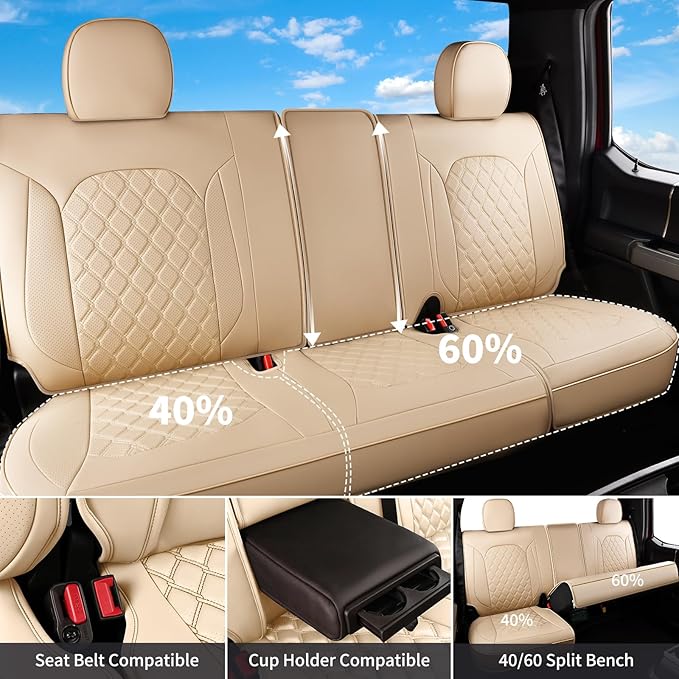 Huidasource F150 F250 F350 Front&Rear Leather Seat Covers Fit for 2015-2025 Ford F150 SuperCrew & 2017-2025 F250 F350 F450 Super Duty Crew Cab XL XLT Lariat King Ranch Platinum(Full Set/Beige)