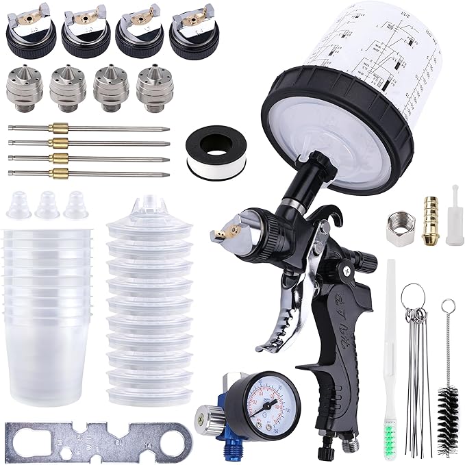 HVLP Spray Gun with 10Pcs 600ML Disposable Paint Cups, 4 Nozzles,1.4/1.7/2.0/2.5mm, Automotive Gravity Feed Paint Spray Gun Kit with Air Compressor Regulator for Auto (Black)
