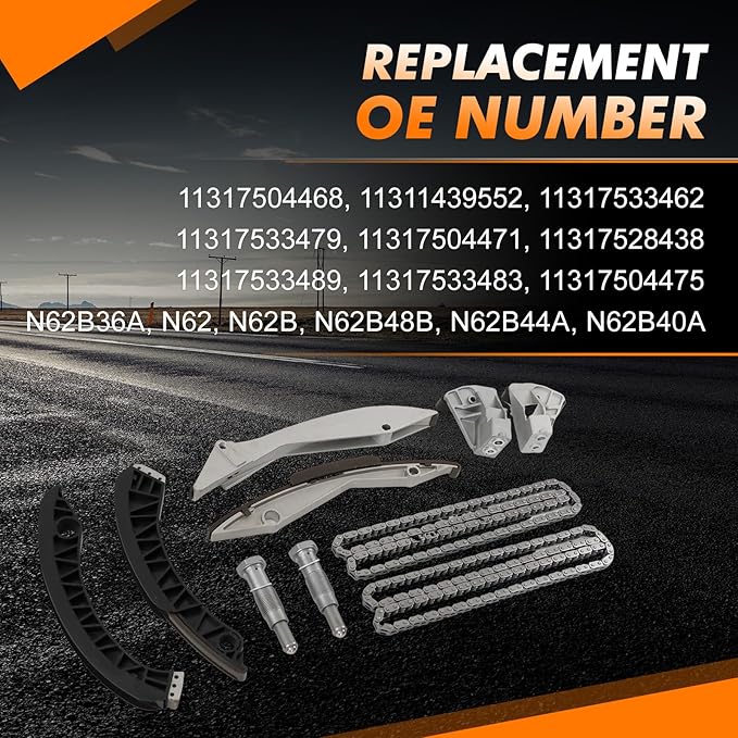11317504468 11311439552 Engine Timing Chain Kit Compatible with BMW 545i 550i 645Ci 650i 735i 740i 745i 750i X5 2005-UP 4.4L/4.8L N62B Engine After-Market Parts 11317533462 11317533479