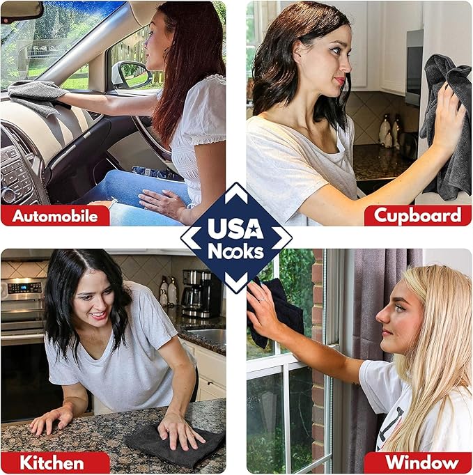 USANOOKS Microfiber Cleaning Cloth - 1200 Washes, Ultra Absorbent Towels Grip Root Weave Grime - 50pack - Black