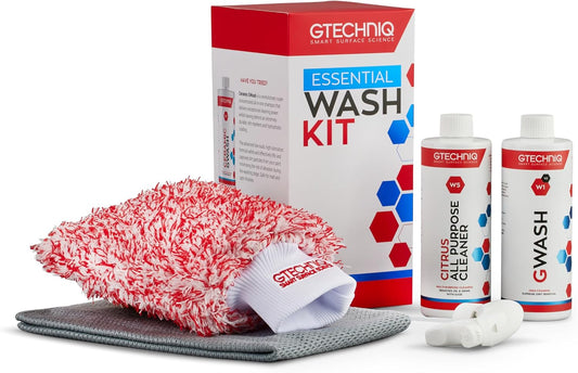 Gtechniq Essential Car Wash Kit, Car Cleaning Kit with Car Shampoo, Wheel Cleaner, Microfiber Car Wash Mitt and Microfiber Towel, Car Accessories for Highly Effective Cleaning