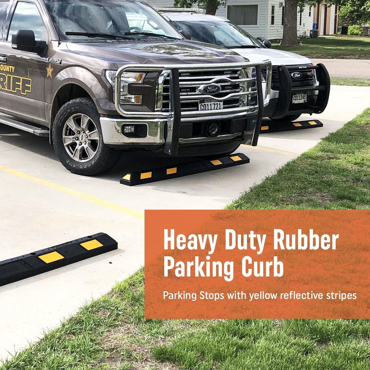 SmartSign Rubber Parking Curb, (Pack of 10) Heavy Duty Parking Stops with Yellow Reflective Stripe Chevrons, 72" Long (6ft), Wheel Stops for Parking Lots/Garage/Cars/Trucks, Pre-Drilled Holes