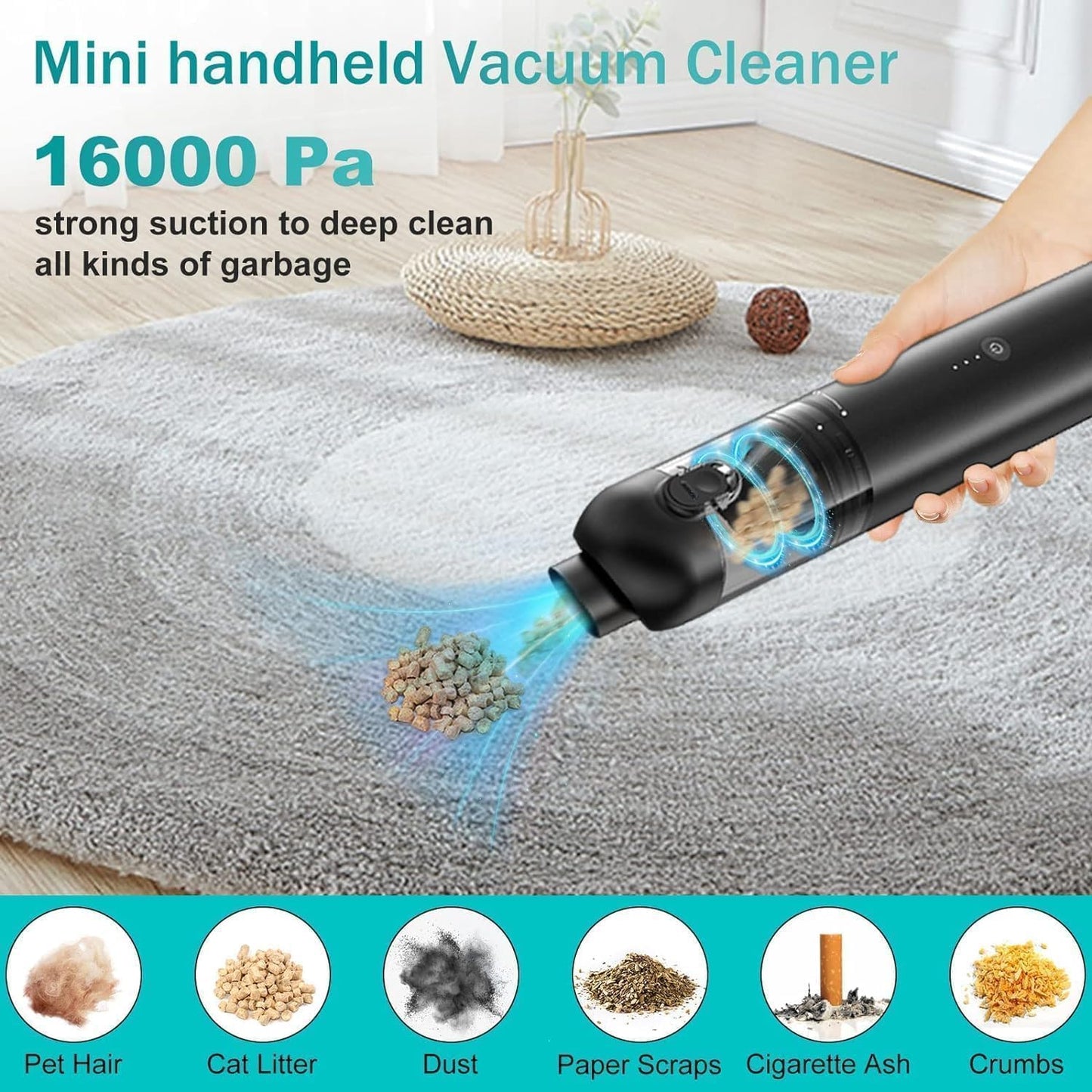 Car Vacuum Portable Cordless, 4-in-1 Handheld Vacuums Cordless, 16,000PA Strong Suction Portable Vacuum for Car, One-touch to Empty, Lightweight Air Dust Buster for Travel, Office, Pet Hair & Home