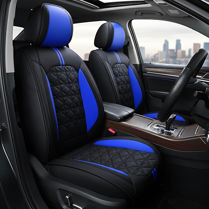 OASIS AUTO Car Seat Covers Full Set Premium Waterproof Faux Leather Cushion Universal Accessories Fit SUV Truck Sedan Automotive Vehicle Auto Interior Protector (OS010-Black&Blue)