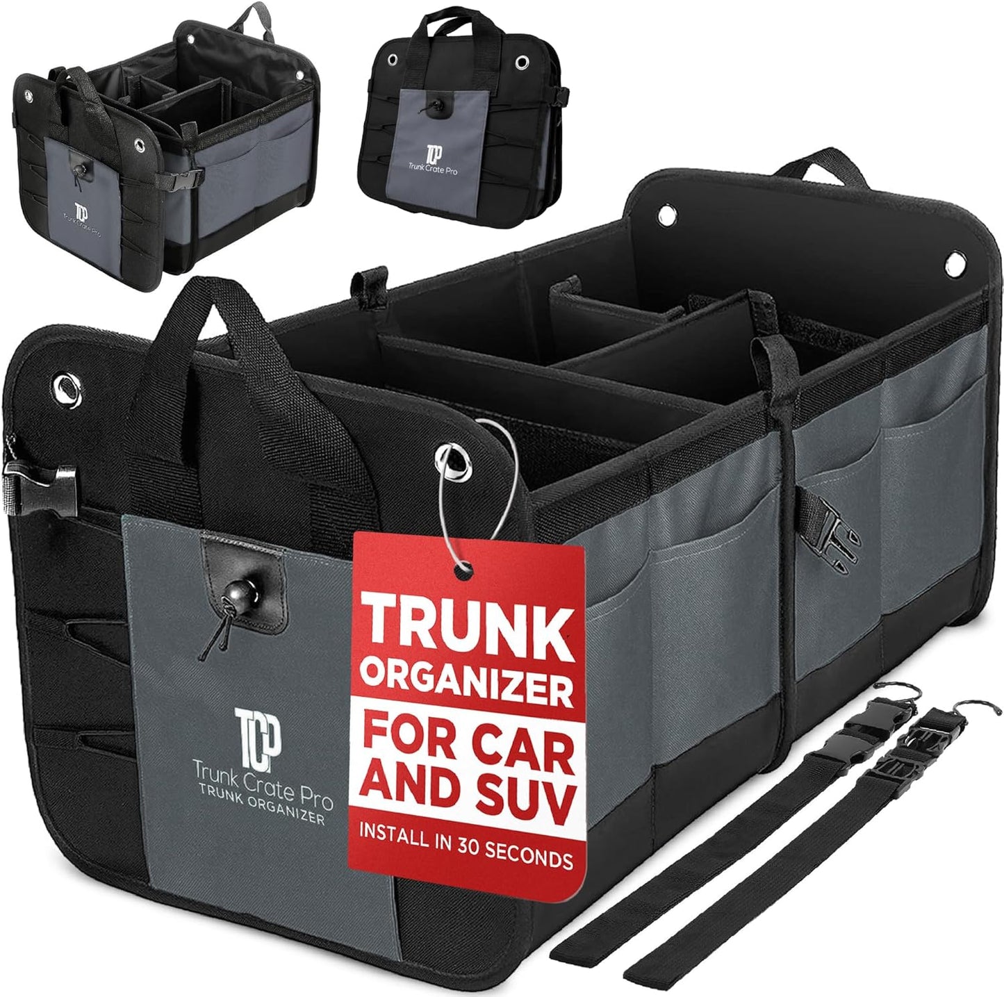 TRUNKCRATEPRO Trunk Organizer For Car, Suv, Truck | Premium Adjustable Multi Compartments Collapsible Car Trunk Organizer With Securing Straps & Non-Slip Bottom (Large Size, Grey)