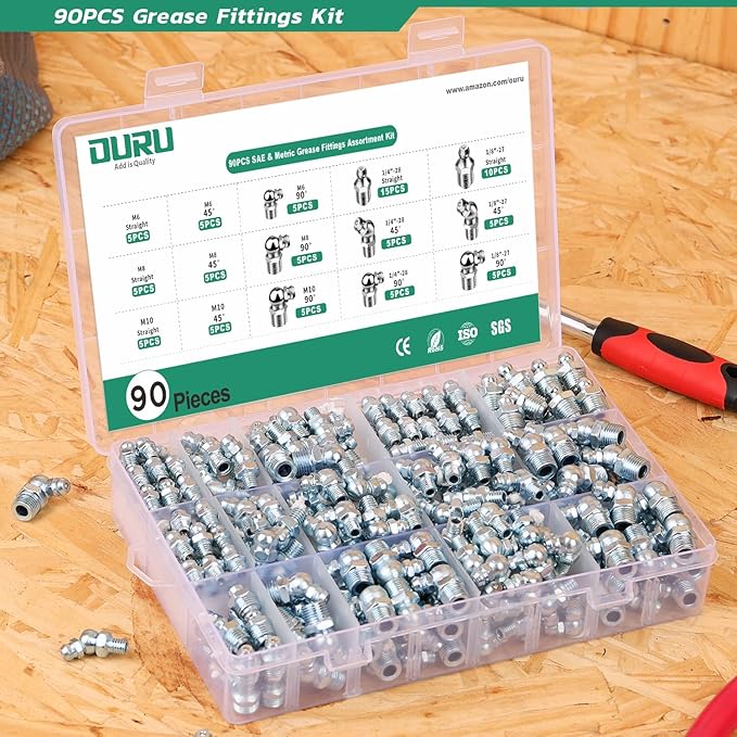 Grease Fittings Assortment, 90PCS SAE & Metric Zerk Grease Fittings NPT 1/4" 1/8" M6 M8 M10, Straight 45 90 Degree Grease Nipple for Grease Gun