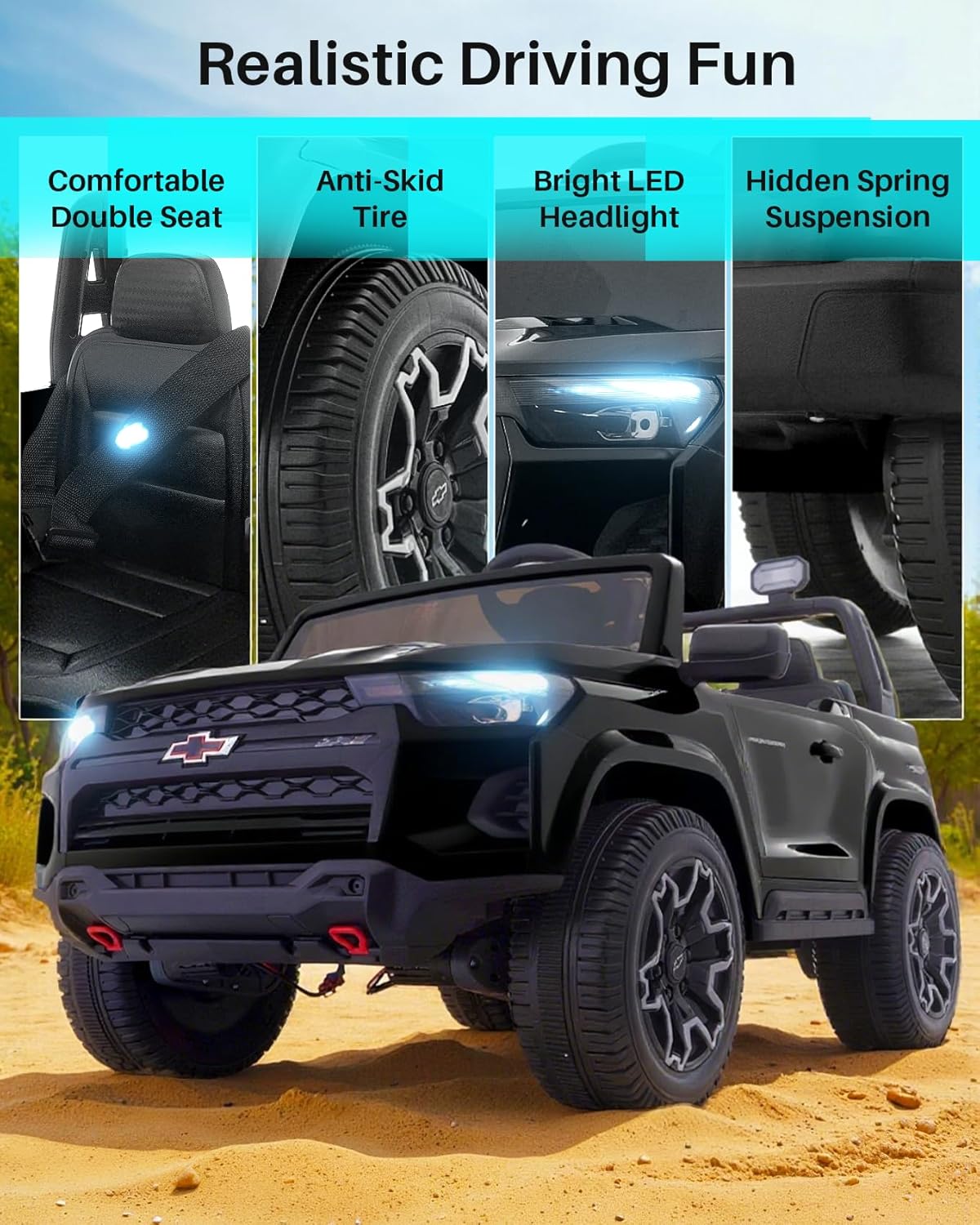 Joywhale 24V Ride on Truck 4WD Kids Electric Vehicle Licensed Chevorlet Ride on car with 7AH Big Battery, 320W Powerful Motors, 2 Seats, Music, 4 Wheel Suspension, 2 Speeds, LED Lights,Black