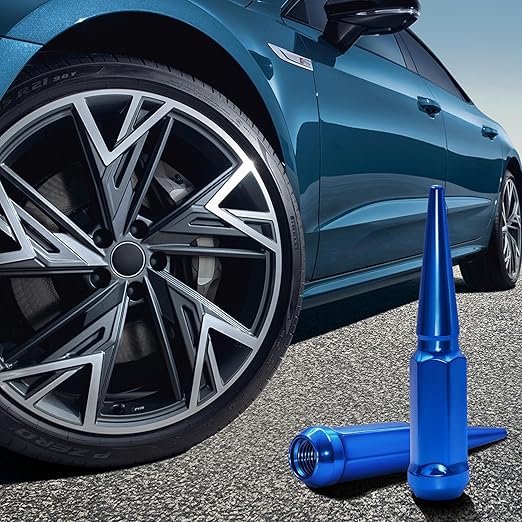 M14X1.5 Blue Wheel Spike Lug Nuts, 24 PCS Lug Nut Wheel Accessories with 1 Socket Key, Thread Spiked 4.4" Long Closed End Nuts Compatible with Silverado Sierra 1500