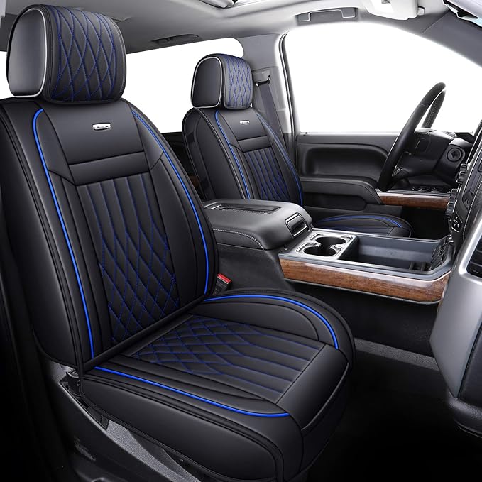 Aierxuan Chevy Silverado GMC Sierra Car Seat Covers Full Set, Custom Fit 2007-2025 1500 2500 HD 3500 HD Crew, Double, Extended Cab or Pickup Truck, with Waterproof Faux Leather (Black and Blue)
