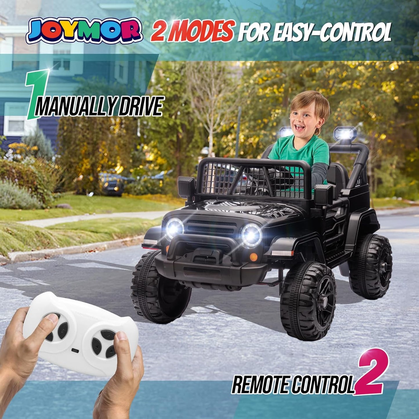 JOYMOR 12V Kids Ride on Truck with Remote Control, 4 Wheels Battery Powered Kids Car, Electric Play Car with LED Lights/Horn/Remote and Manual Control/3-5 MPH Speed/Gift for Girl Boy (Black)
