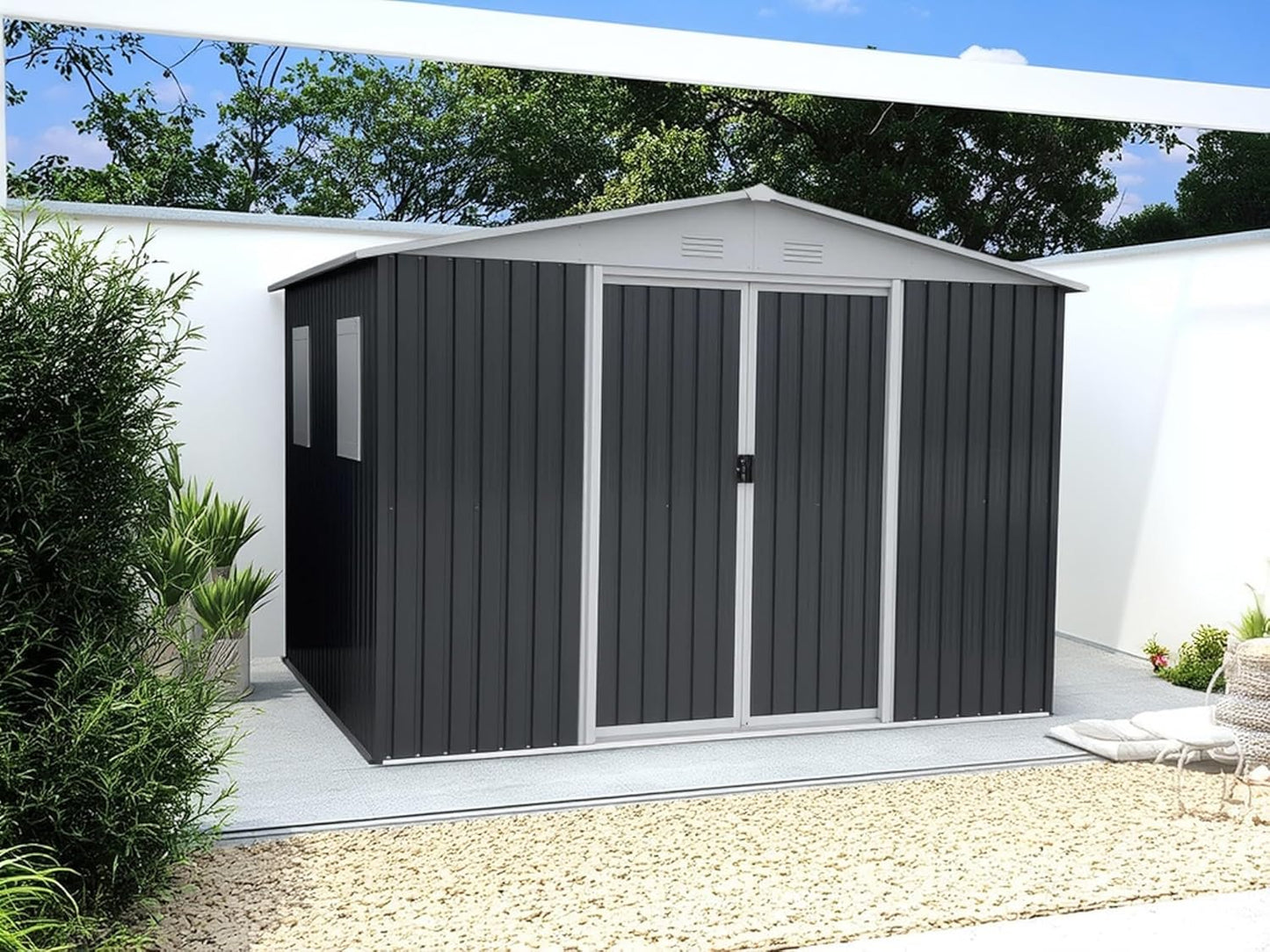 12x10 FT Outdoor Storage Shed with 4 Windows, Durable Metal Garden Sheds w/Updated Frame and Lockable Sliding Doors, Waterproof All-Weather Shelter Tool House for Backyard, Patio, Lawn, Grey