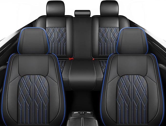 Huidasource Back Seat Covers, Waterproof Leather Rear Split Bench Car Seat Cover, Vehicle Seat Cushion Cover Protector Universal Fit for Most Cars Sedan Pickup Truck SUV(Back Row/Black&Blue)