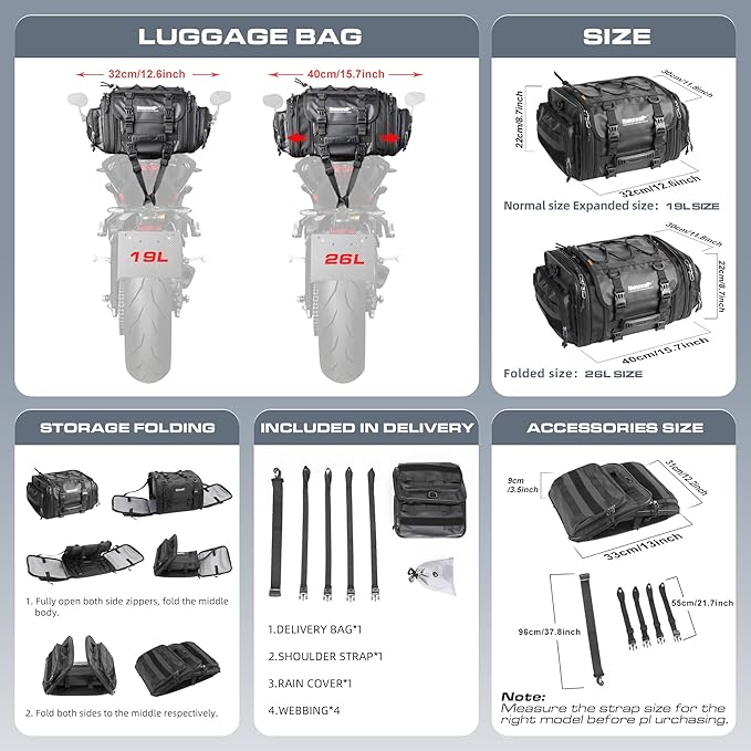 Rhinowalk Motorcycle Tail Bag 19-26L Expandable Waterproof Motorbike Saddle Bag Powersports Travel Luggage with Rain Cover & Shoulder Strap (Black, 26L)