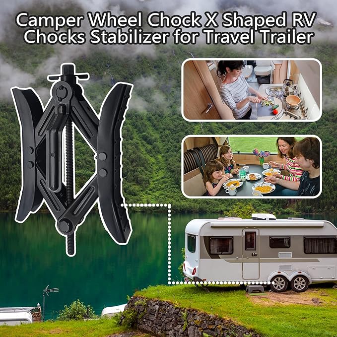 Camper Wheel Chock Stabilizer, RV X Chocks Wheel Stabilizer, Wheel Chock Scissor 2 Sets Tire Locking Chocks Accessories with Ratchet,hex Socket, Tool Kit, Gloves (Black)