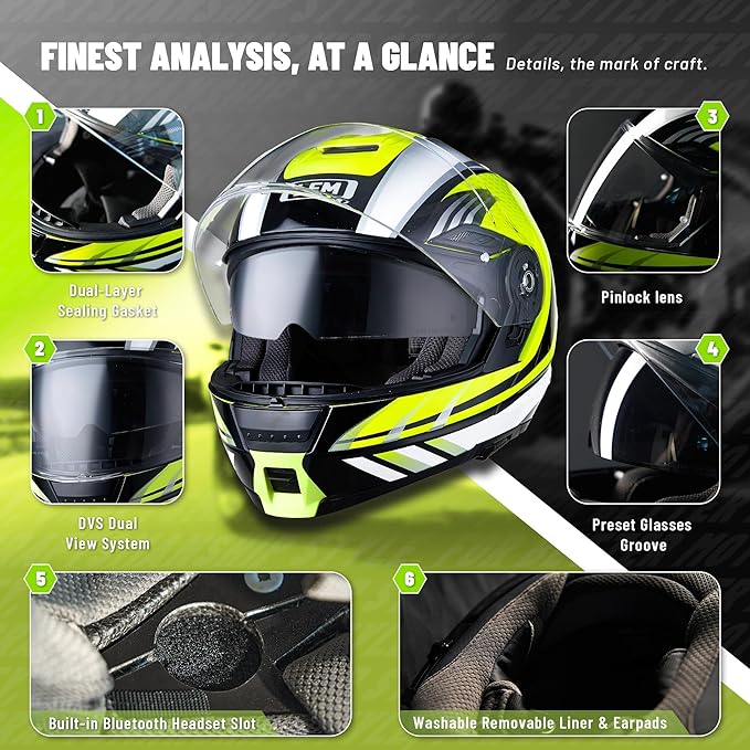 LEM Modular Motorcycle Helmets Fiberglass, Full Face Motorcycle Helmet Flip Up for Touring, DOT Certified, Release Sun Visor & Removable Comfort Liner, Lightweight Street Bike Helmet (Yellow, M)