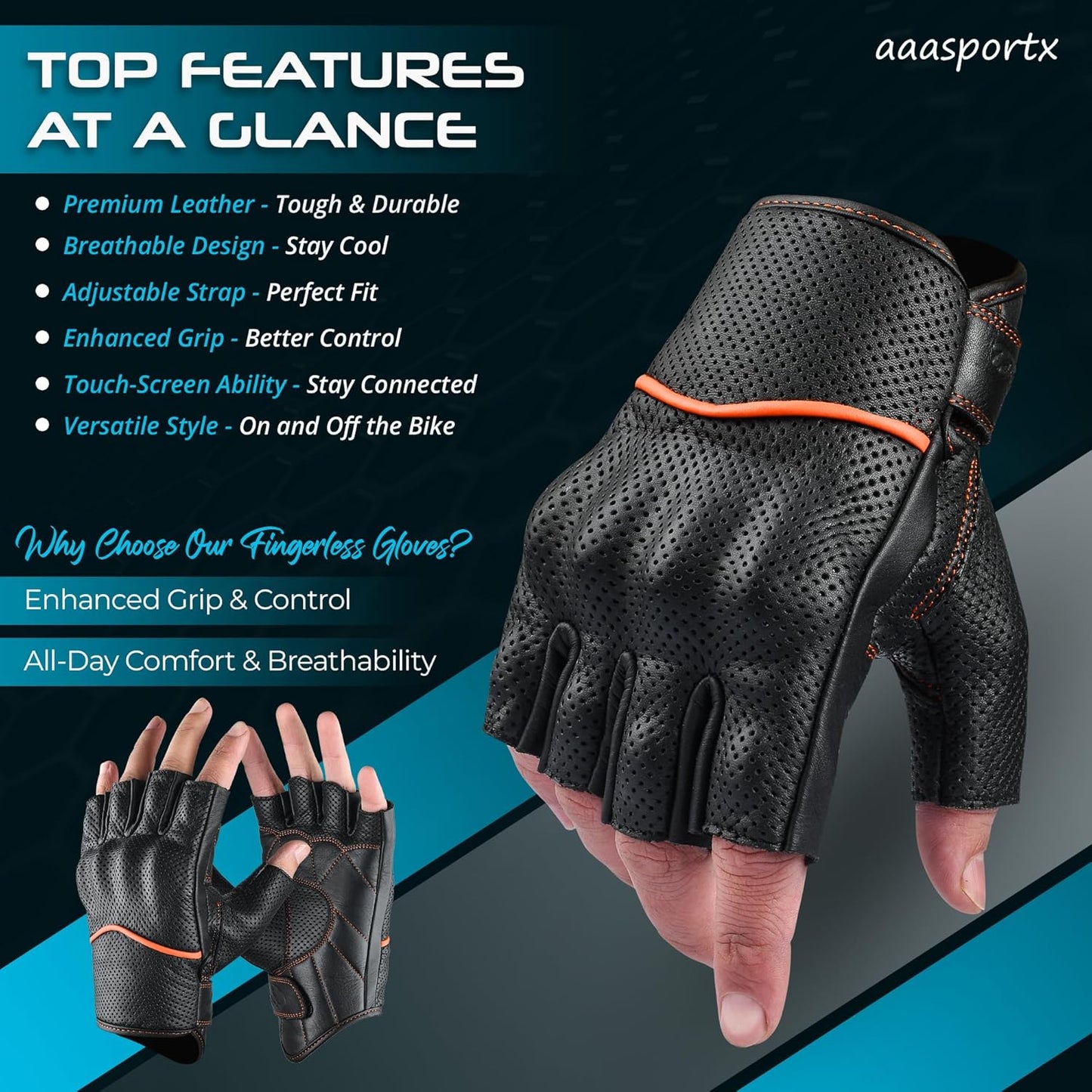 aasportx Motorcycle Gloves - Men's Leather Motorbike Gloves with Touchscreen Function - Non-Slip Pads for Men & Women