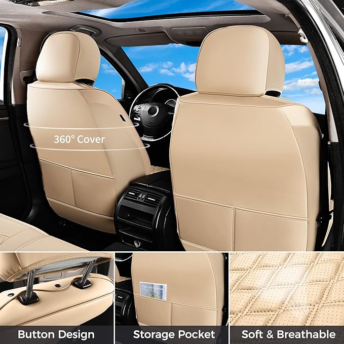 Huidasource F250 Front Seat Covers, 360° Full Coverage Leather Car Seat Protector Fit for Ford F150 2015-2025&F250 F350 F450 2017-2025 All Cab XL XLT Lariat King Ranch Platinum (Front Pair/Beige)