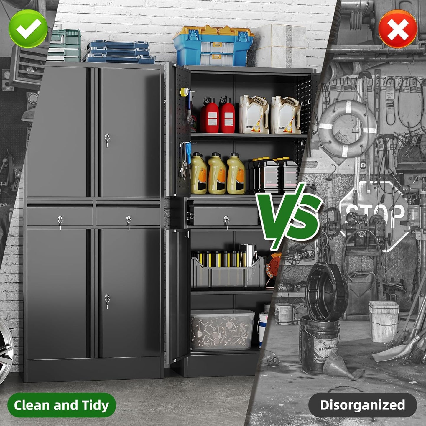 71" Metal Garage Storage Cabinet with 8 Hooks and Pegboards,2 Drawer Tool Storage with Locking Doors and Adjustable Shelves,Heavy Duty Steel Tool Cabinet for Garage, Warehouse