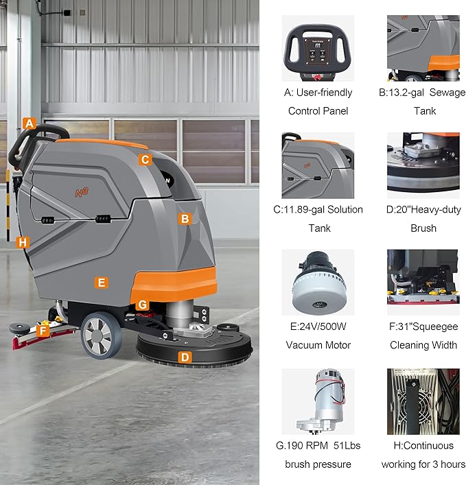 N3 20" Walk-Behind Floor Scrubber Machine - 31" Squeegee, 13-Gal Recovery Tank, 190 RPM, User-friendly, Complete Kit